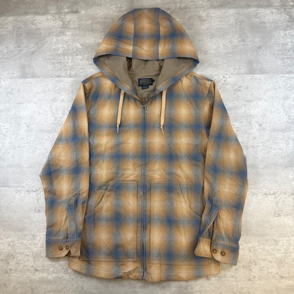 Pendleton Mens Plaid Zip Up Hooded Jacket Tan Blue USA Fabric Small